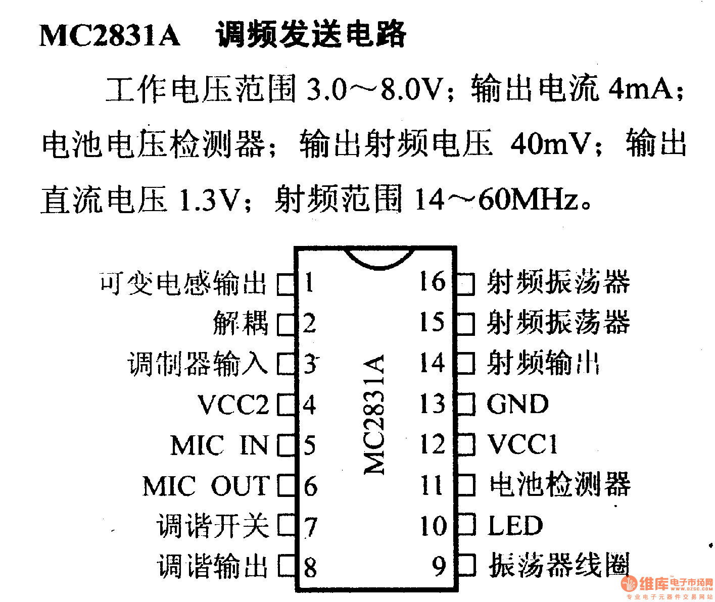 电路引脚及主要特性MC2831A 调制发送电路