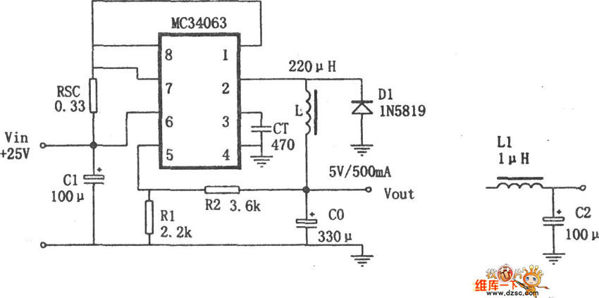 用MC34063制作的降压变换电源电路图