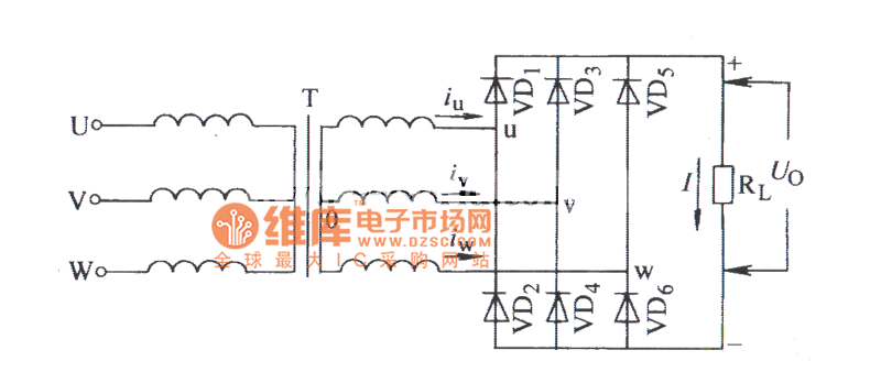三相桥式电阻负载整流电路图