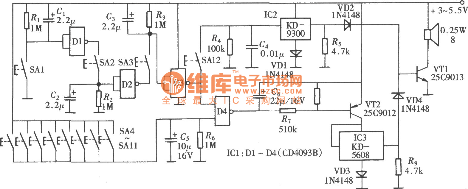 密码式电子门铃(CD4093B)电路图