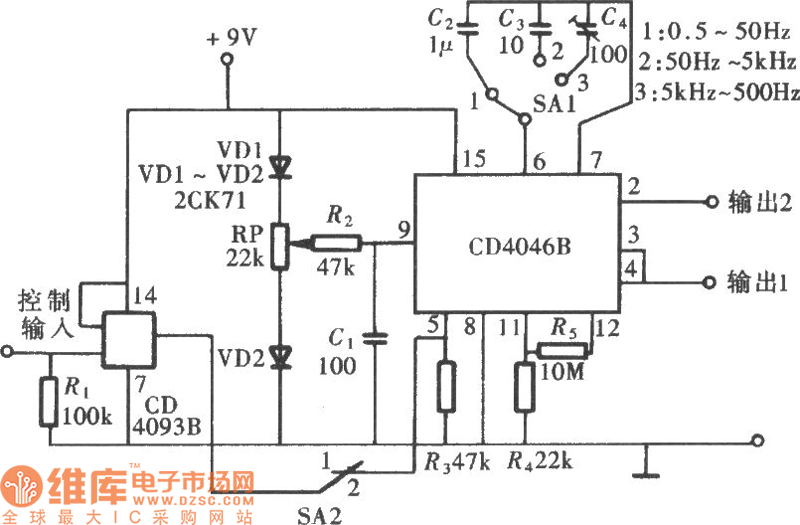 用CD4046组成的宽带方波信号发生器电路图