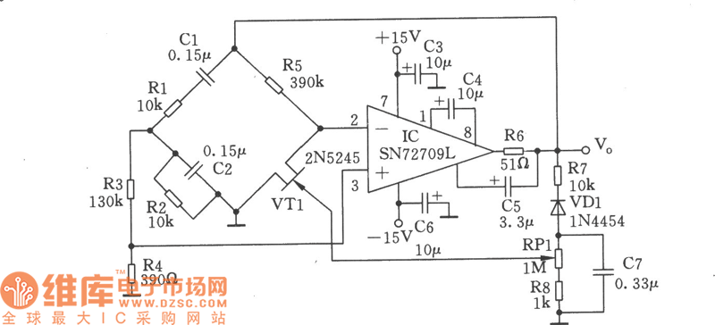 文氏桥式正弦波发生器二电路图