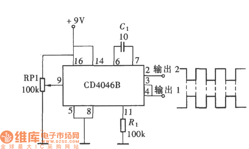 用CD4046产生相位相反的对称方波电路图