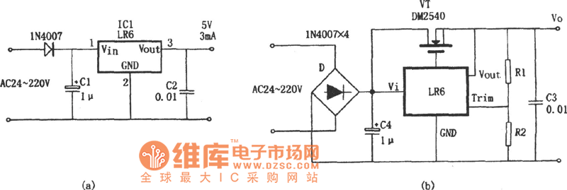 由LR6构成的不用变压器的稳压电源电路图