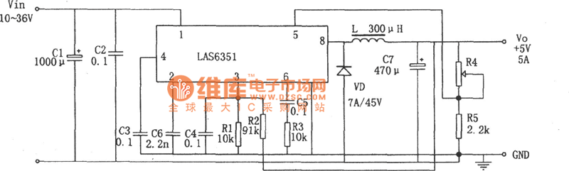 用LAS6351构成的大电流高效开关稳压电源电路图
