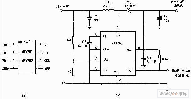 采用MAX761设计的5V转12V开关电源电路图